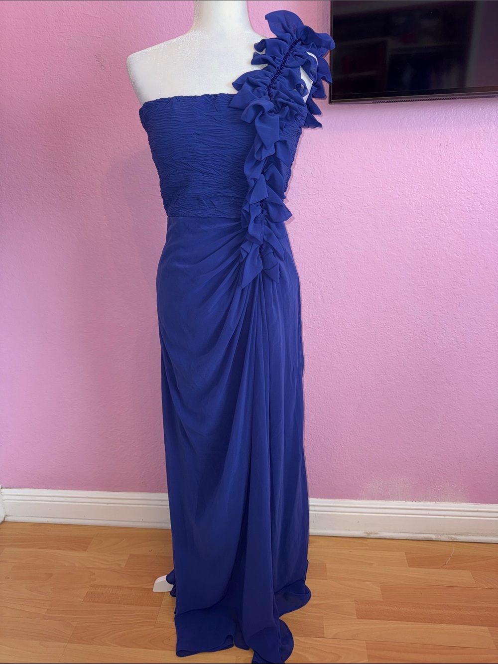 One-Shoulder Sapphire blue Ruffle Evening Gown